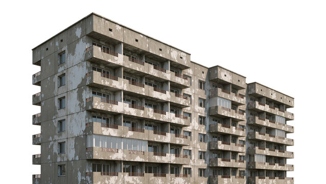Dilapidated concrete apartment building with balconies