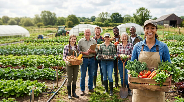 Diverse agricultural professionals standing together on organic farm, led by confident female farm manager holding fresh vegetables, with farmers and specialists in sustainable farming environment.