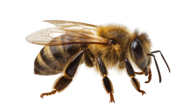 Honey bee with detailed wings and fuzzy body on white