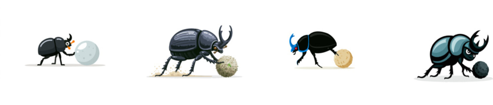 A glossy black scarab dung beetle, using its hind legs to push a perfectly spherical ball of organic matter, stands on a solid white background in this clean nature graphic icon illustration