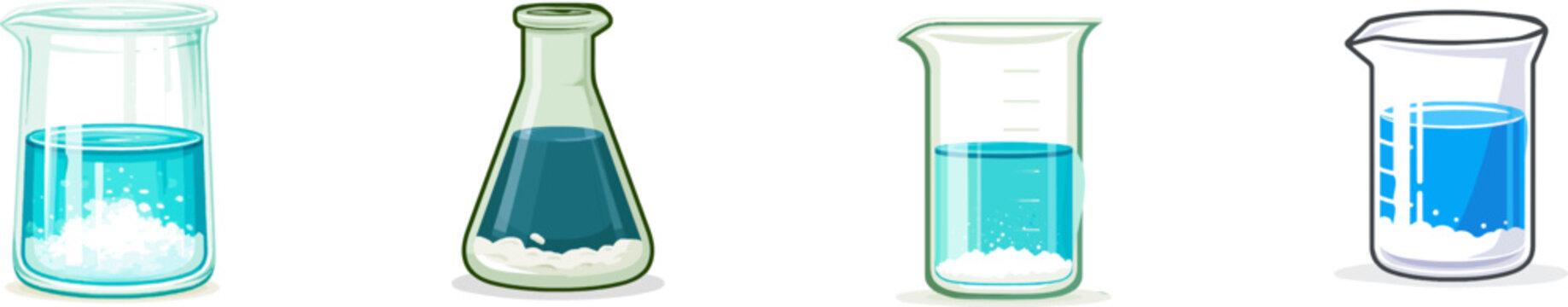 A flat vector illustration of a glass laboratory beaker filled with blue liquid and a powdery white chemical precipitate settling at the bottom, set against a clean white background