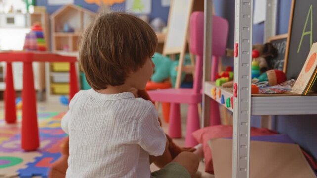 Boy reaching with hand to take wooden toy from low shelf in building playroom and nearby chalkboard; curiosity learning.