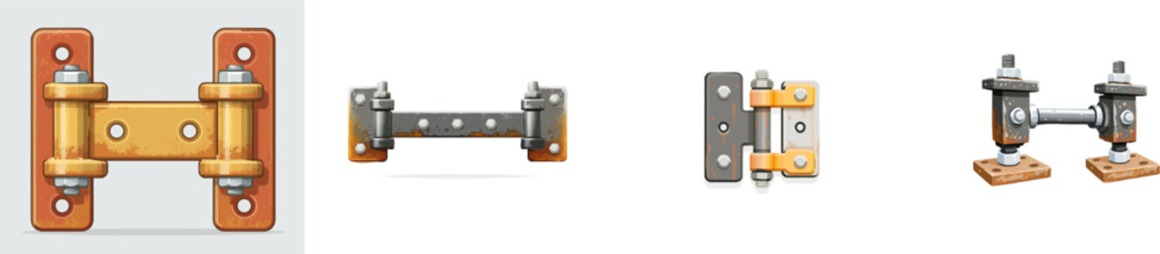 A heavy, rusted iron canal lock gate hinge features industrial structural bolts, thick mounting plates, weathered metal gradients, clean lines, and is isolated on a solid white background