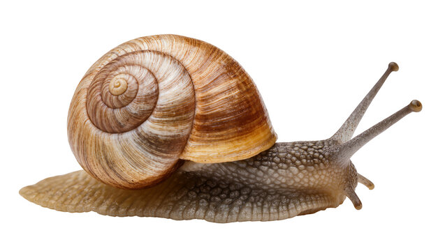 Garden snail with brown spiral shell and antennae