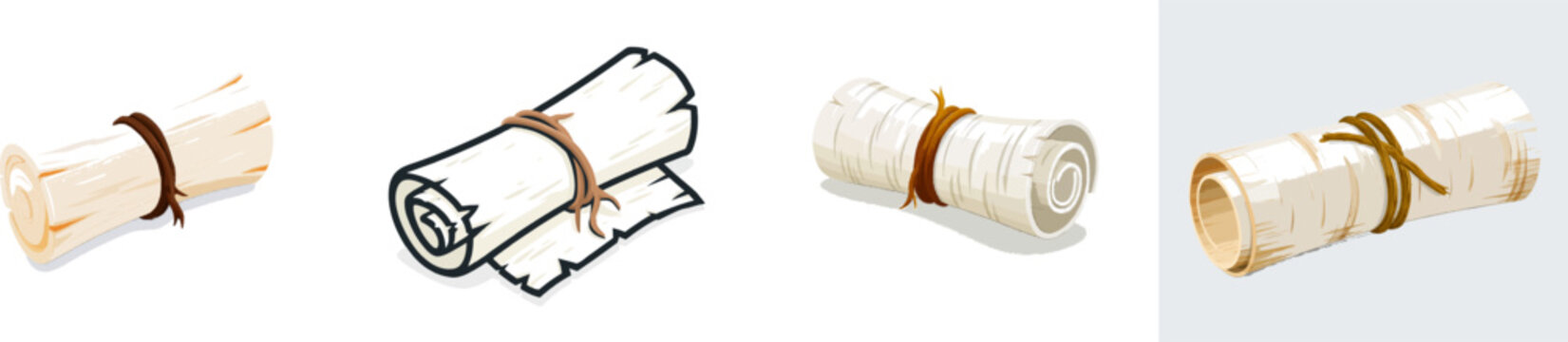 A flat vector illustration depicts an ancient rolled scroll made of light cream birch bark, neatly bound with a strand of dried brown animal sinew string against a solid white background