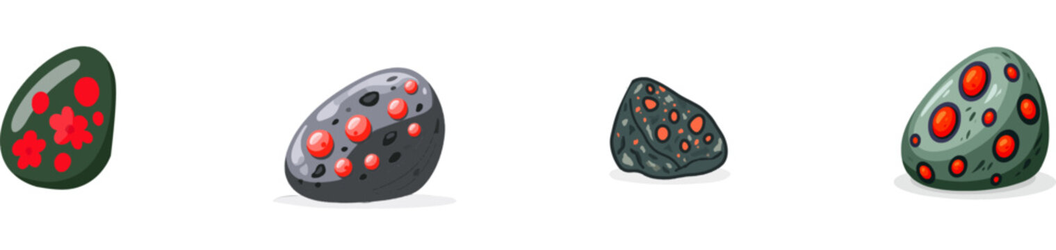 A polished dark green bloodstone heliotrope mineral specimen with distinctive bright red jasper spots is depicted in a flat vector style illustration, isolated on a solid white background