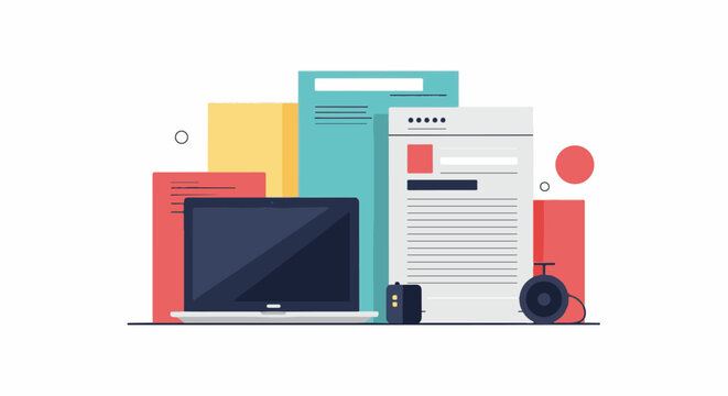 Colorful digital illustration of a laptop surrounded by documents