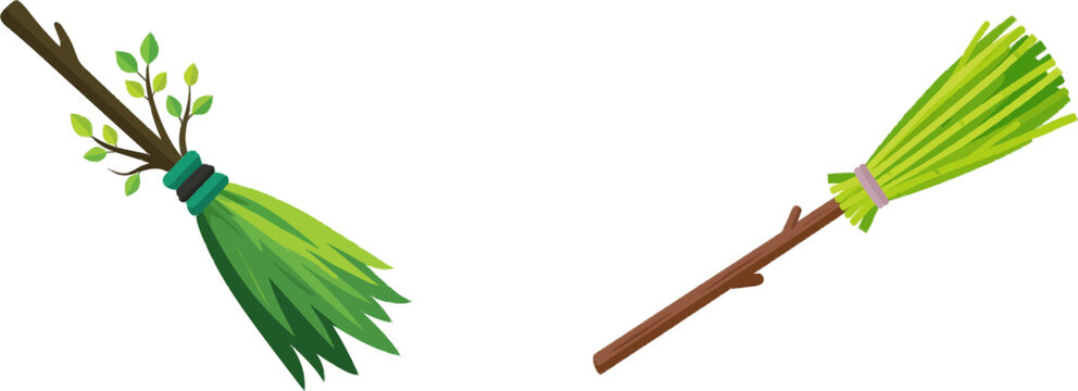 A rustic traditional besom broom, crafted from a sturdy wooden branch and bundled birch twigs, is depicted in a clean vector illustration style against a solid white background