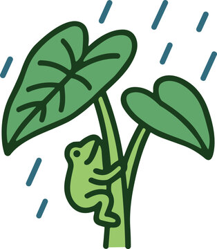 Cute frog climbing green plant leaves during rain, cartoon style illustration