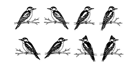 Obraz premium Woodpeckers Perched on Branches in a Black and White Vector Illustration Featuring Woodpecker, Bird, Branch with Nature and Wildlife Elements