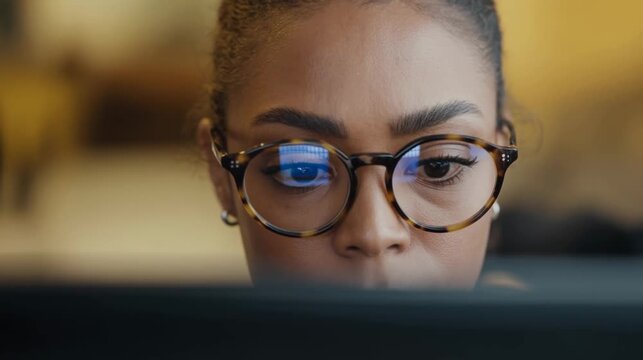 Close-up of a focused young woman's eyes, wearing stylish tortoiseshell glasses with a screen reflection, diligently working on a computer, conveying concentration and digital engagement in a professi