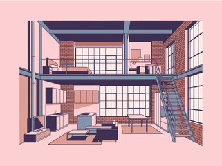 A modern loft apartment interior with a mezzanine level © Handieyy