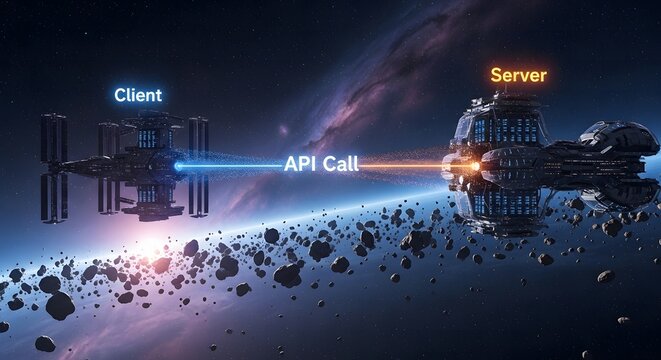 Futuristic spacecraft illustration with a galactic background and connecting api call line