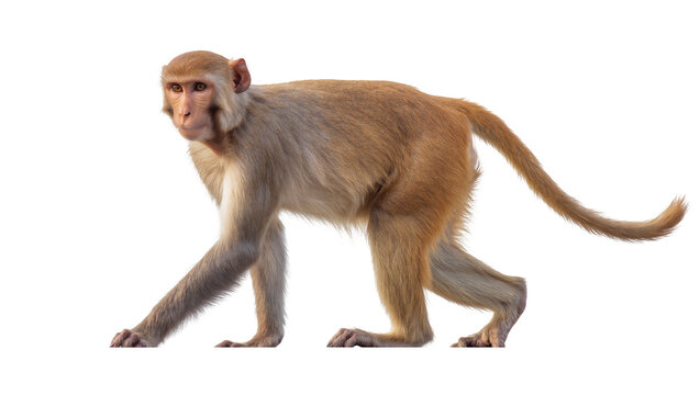 Rhesus macaque monkey walking on white