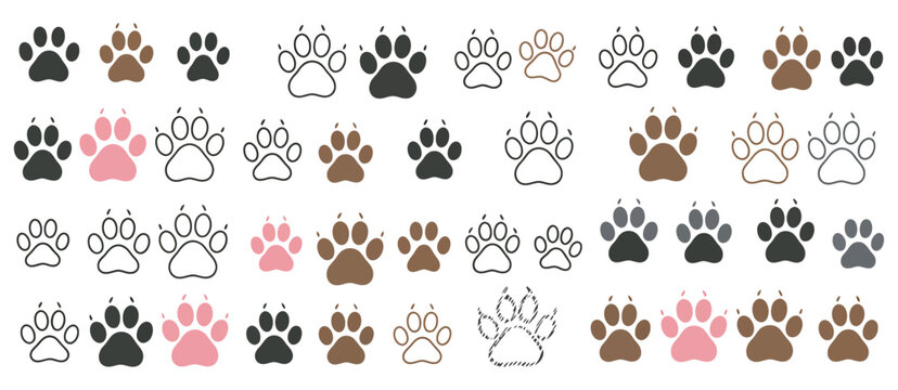 Hand drawn paw print collection, pet footstep marks cat dog paw patterns cute animal icons vector illustration isolated