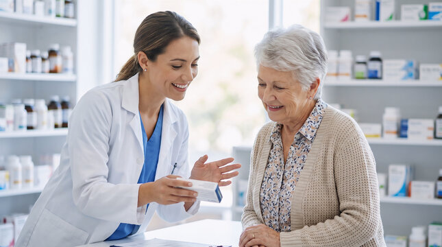 Professional female pharmacist in white coat explaining prescription medication to a senior woman patient at pharmacy counter
