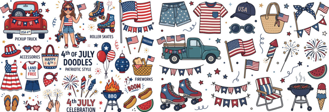 Fourth of July doodles with festive elements like fireworks a truck and patriotic clothing celebrating American freedom