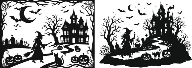 Obraz premium Halloween silhouette scenes with witches and haunted castles under a crescent moon and starry sky
