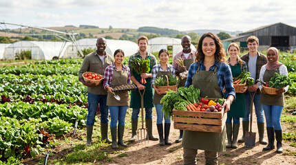 Obraz premium Diverse agricultural professionals standing together on organic farm, led by confident female farm manager holding fresh vegetables, with farmers and specialists in sustainable farming environment.
