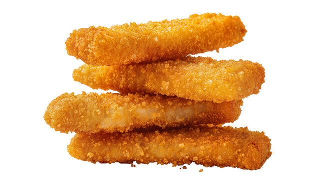 Stack of crispy golden fish fingers with breadcrumb coating