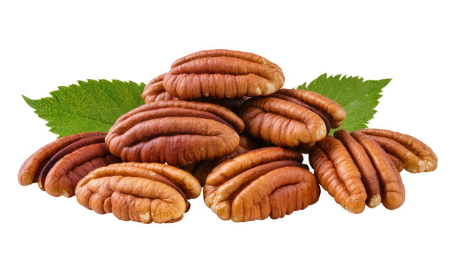 Pile of shelled pecan nuts with green leaves