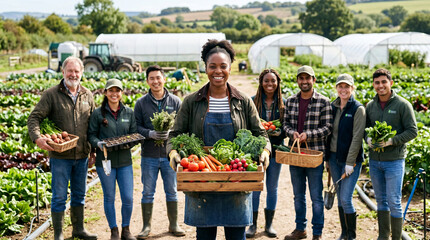Obraz premium Organic farm team with female manager and fresh produce