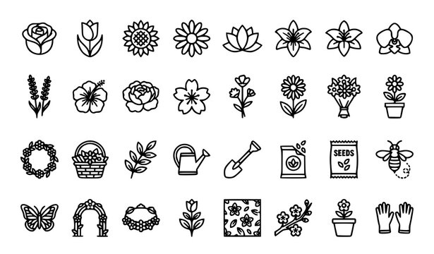 Spring garden flower and gardening elements collection black outline vector icon set