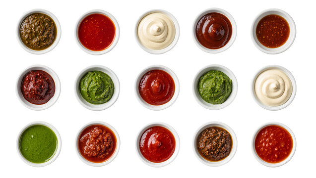 Assortment of colorful dipping sauces and condiments in small white bowls