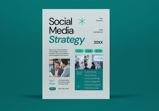 Green and Grey Corporate Social Media Strategy Flyer Layout