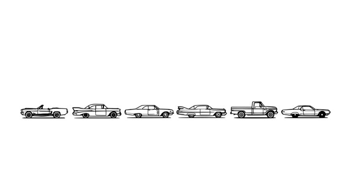 Vintage Cars in Black and White Vector Illustration Showcasing Diverse Models and Styles Featuring Retro Vehicles, Transportation, Automotive