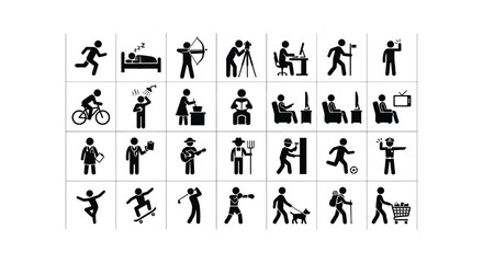 Naklejka premium Human Activity Icons Black Silhouettes On White Background