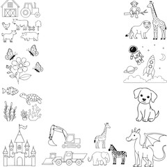 Fototapeta premium Educational coloring sheet with various cartoon themes coloring illustration butterfly astronaut