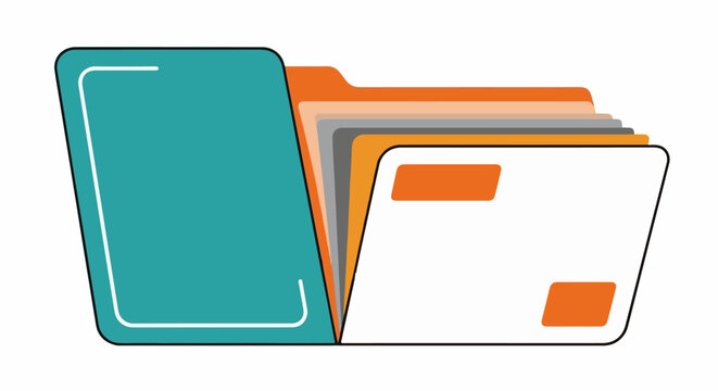 Colorful file folder graphic with stacked documents and labels