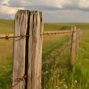 Cerca de alambre de espino oxidado y poste de madera en campo rural al atardecer