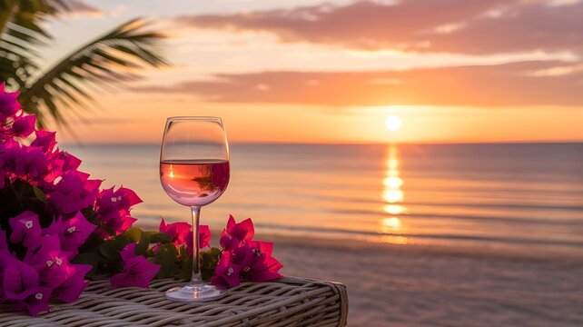 Copa de vino rosado en la playa con flores al atardecer tropical