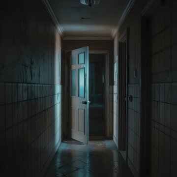 Pasillo oscuro y misterioso con una puerta abierta hacia la luz