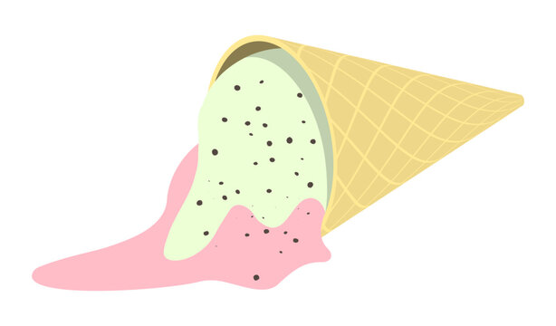 Melted soft serve ice cream in the waffle cone fell to the ground and spread into thick, sticky drops. 3D cartoon vector crispy waffle ice cream on white back