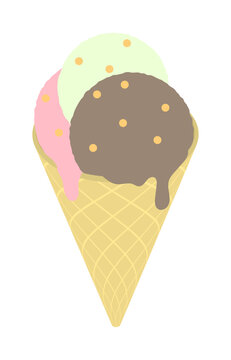 Melting balls of chocolate, vanilla and strawberry ice cream in a waffle cone. 3D cartoon vector crispy waffle ice cream on white back