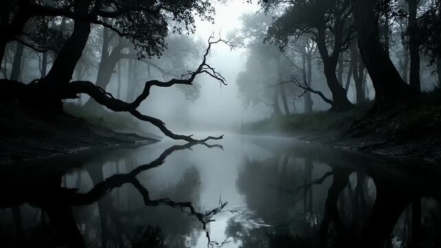 Dark misty forest trees reflecting in the calm water of a mysterious swamp landscape