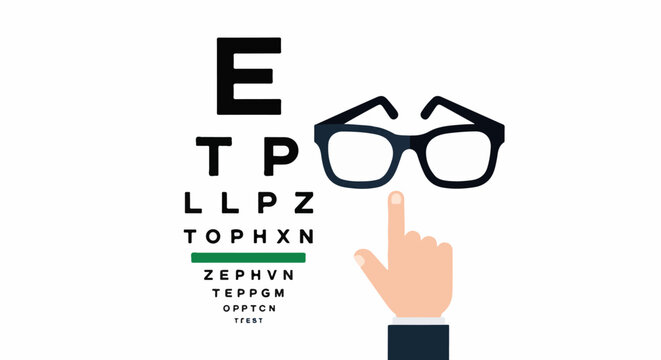 Eye exam chart with glasses and pointing finger