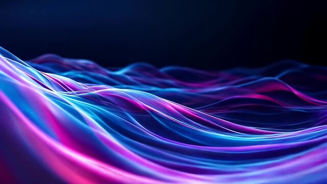 Abstract blue purple neon light waves depict an energetic digital landscape suitable for graphic design, backgrounds, and artistic projects.