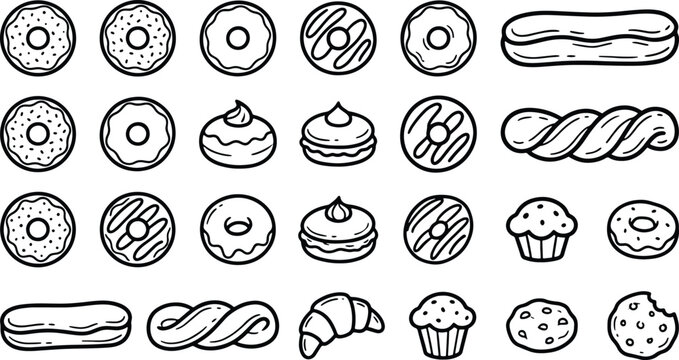 Bakery Pastry Outline Icon Collection with Donuts Cookies and Cupcakes