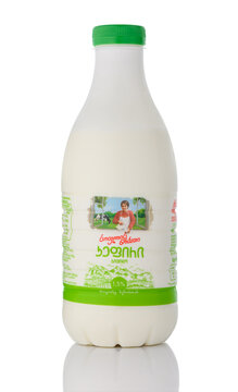 June 14, 2026, Tbilisi, Georgia. Soplis Nobati kefir with bifidobacteria 1.5 percent fat 930 gram bottle Georgian label isolated on white