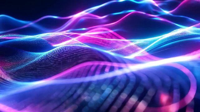Glowing neon light waves abstract digital pattern background for artistic projects, displays, backgrounds, tech themes, and futuristic designs.