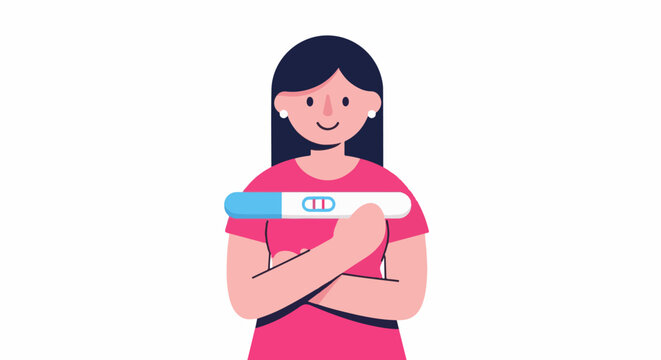 Smiling woman holds a positive pregnancy test kit