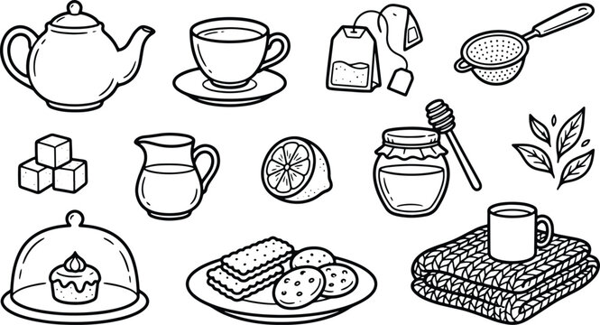 Tea time snack icons collection with teapot honey cookies and cup