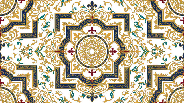 Seamless vector pattern with ornate silk texture featuring royal gold baroque scrolls and a majestic blue central crown