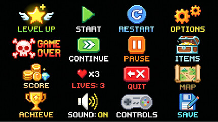Naklejka premium Pixel Art Video Game UI Elements And Menu Buttons Set
