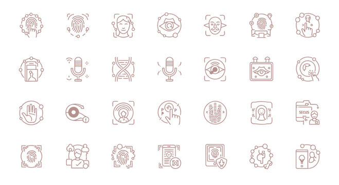 Biometric identification and digital security system line icons for authentication and facial recognition.