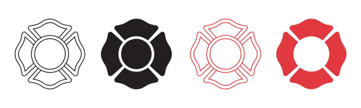 Firefighter emblem icon set, st florian maltese cross fire department badge symbol vector illustration
